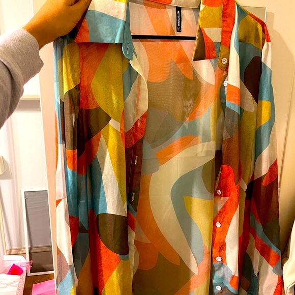 Pretty Little Thing Multi Abstract Printed Mesh Oversized Beach Shirt - Picture 2 of 2